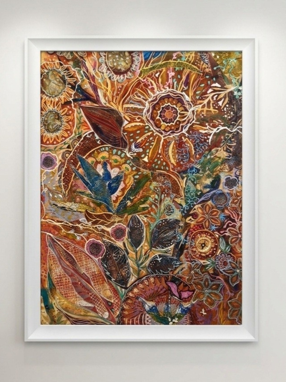 Vibrant 20x27 framed abstract floral mixed media artwork is enclosed in a clean